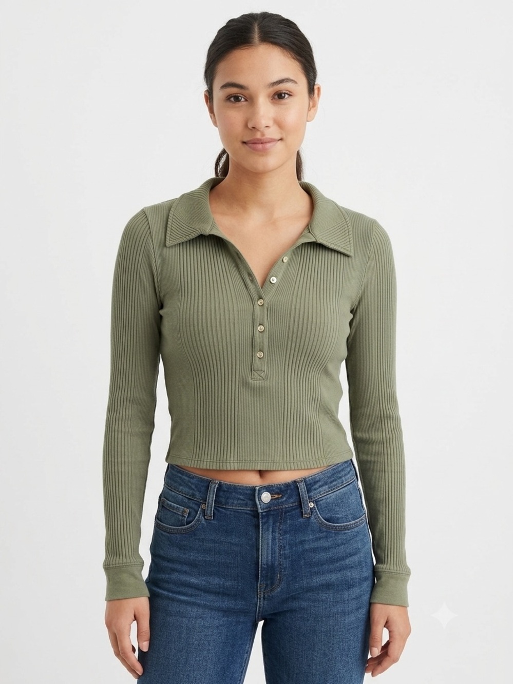 aerie Olive Green Ribbed Henley Polo Crop Long Sleeve